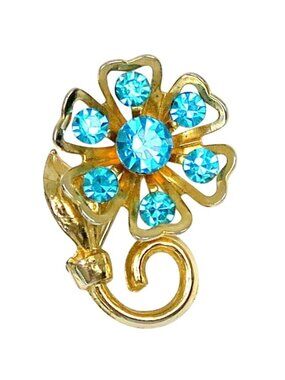 Coro Blue Rhinestone Flower Brooch Mid-Century Gold Tone Costume Jewelry